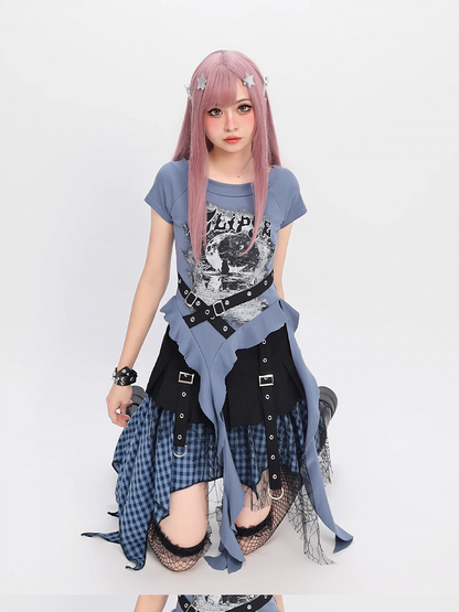 Handkerchief Hem Mesh Patchwork Y2K Black Blue/ White Plaid Skirt Black