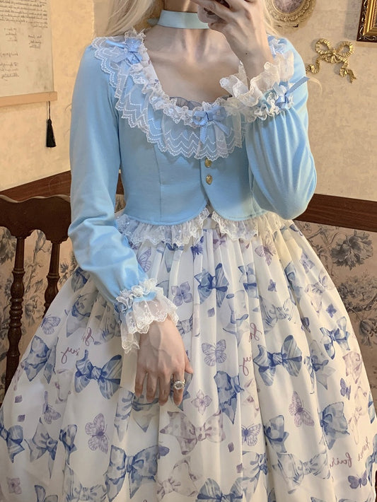 with Cropped Lace Autumn Baby Lolita Blue Cardigan Bow and Accents Trim