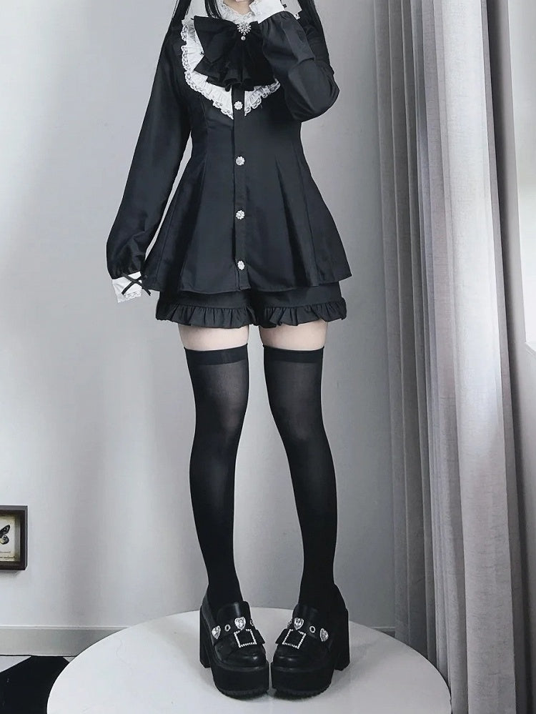 Big Jirai Kei Schwarz Abnehmbare Set Lange Bogen Kleid + Shorts Jabot Kragen und Ärmel Mini