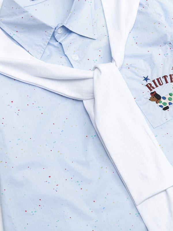 Short/long Sleeves Shirt with Decorated Blue Faux Sleeves and Adorable Dog Embroidery