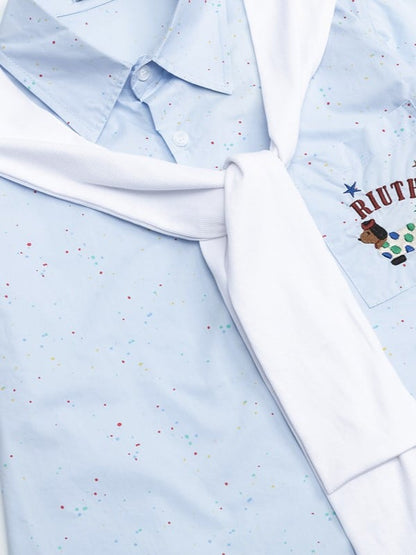 Short/long Sleeves Shirt with Decorated Blue Faux Sleeves and Adorable Dog Embroidery
