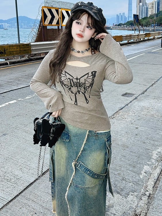 Plus Size Blue High Slit Frayed Hem Wasteland Punk Denim Skirt Cargo Pockets