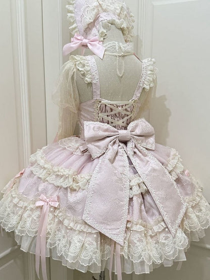 Fabric Pink Lolita Sweet Dress Bow Jacquard Accents Jumper Skirt
