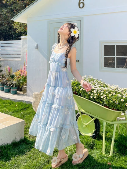 Floral Embroidery Tiered Blue Chiffon Flutter Skirt Sleeves Sleeveless Dress