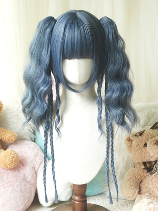 Dusty Blue Bob Cut Short Wig With Bangs＋Double Wavy Ponytail Claw Clips
