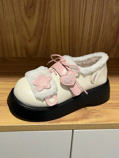 Accents Strap Design Winter Closures Beige Star Lolita Velcro Pink Fleece Lining Sweet Heart Cozy Platforms with