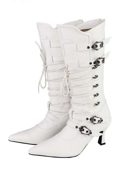 Gothic White Lace-up Detail Pointed Toe Punk Boots