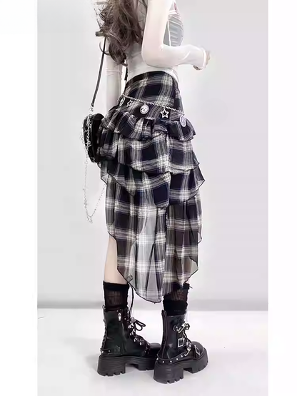Vintage Black and White Plaid Asymmetrical Hem Glamorous High Waist Tiered Skirt