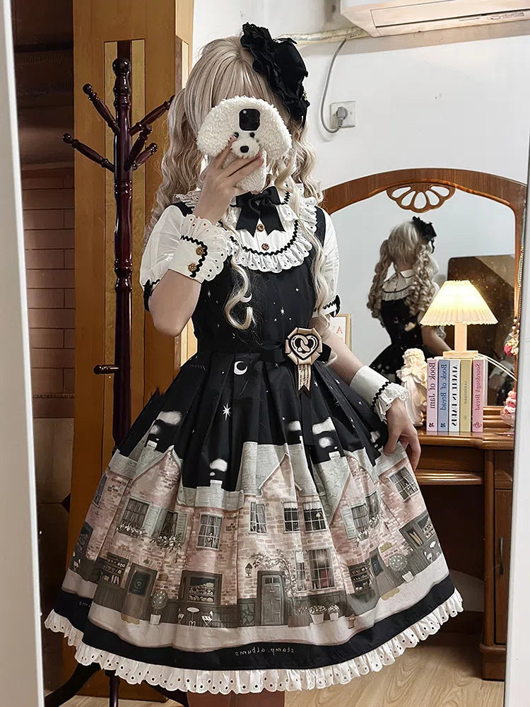 Bakery Black Dress Short and Sleeves Lolita Night Print Starry