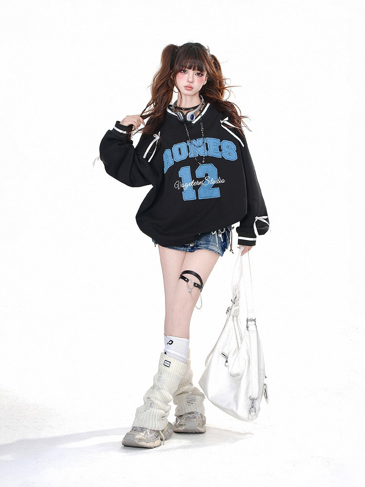 Black/White V-Neck Number Appliques Bowknots Loose Sweatshirt