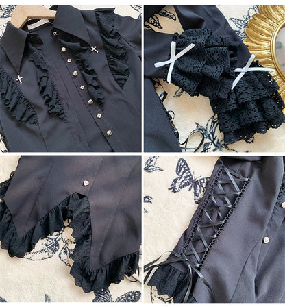 Black Lace Trimming Cross Charm Collar Ouji Lolita Shirt