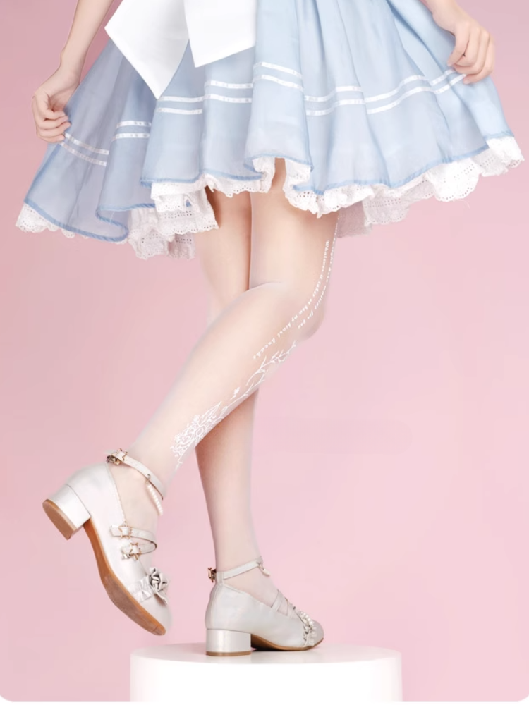 White Semi-sheer Rosette Print Lolita Tights