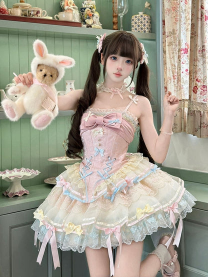 Dress Accents Corset Boned Straps Rainbow Lolita Skirt Bow Thin Jumper Shoulder Pastel