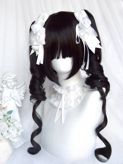 Black Short Bob Cut Wig With Full Bangs＋Double Ponytail Claw Clips