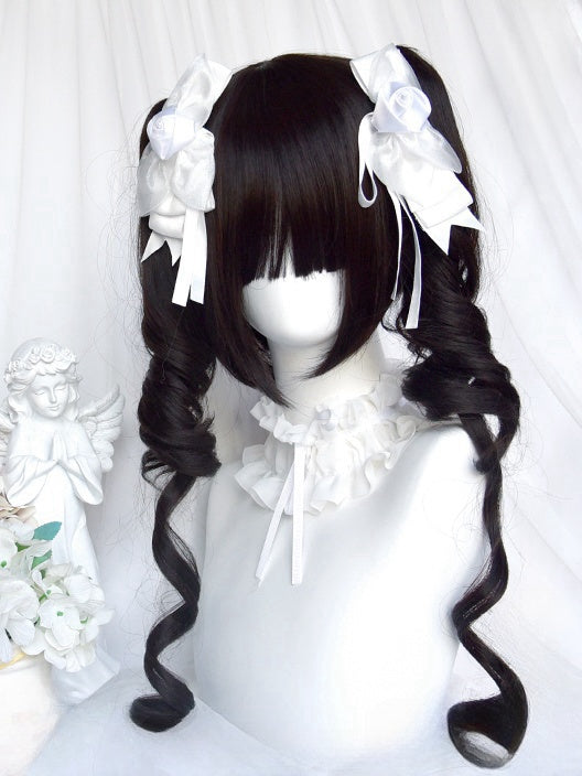 Black Short Bob Cut Wig With Full Bangs＋Double Ponytail Claw Clips