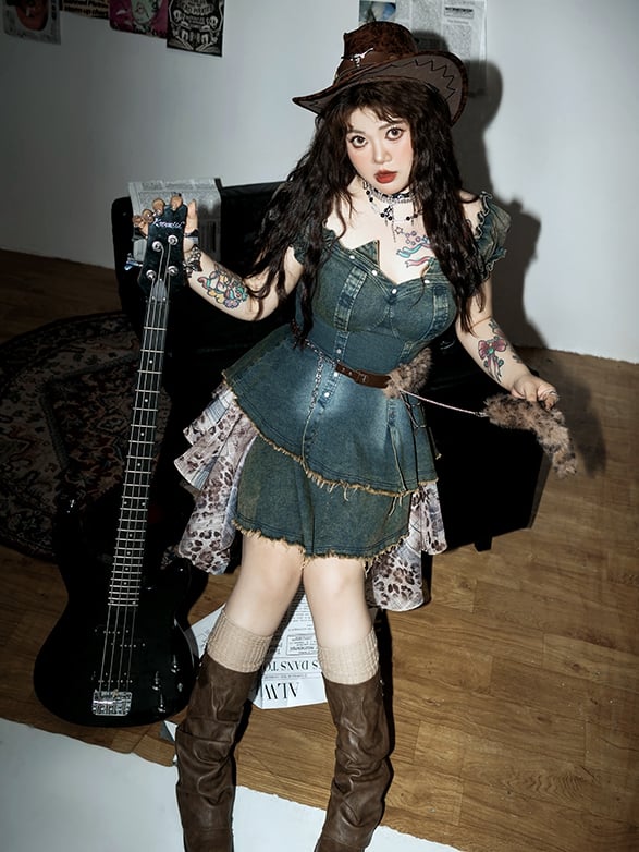 Fashion with Blue Puff Sleeves Denim Dress Leopard Belt Patchwork Plus Size Gyaru Waist