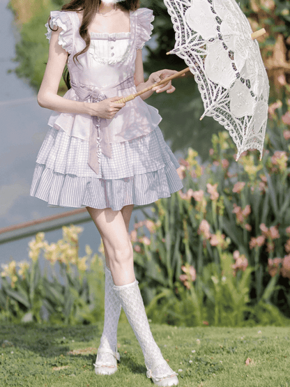 with and Skirt Belt Waist Tiered Sweet Lavender Flutter Sleeves Dress Floral Brooch