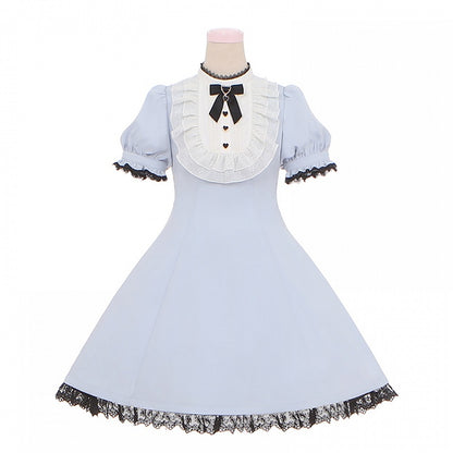 Blau/schwarzes Jirai Kei-Kleid mit Spitzenbesatz hinten und großer Schleife