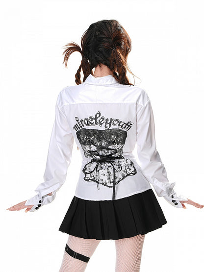 Back at White/Blue with Lace-up Detail Cross Chain Print Shirt