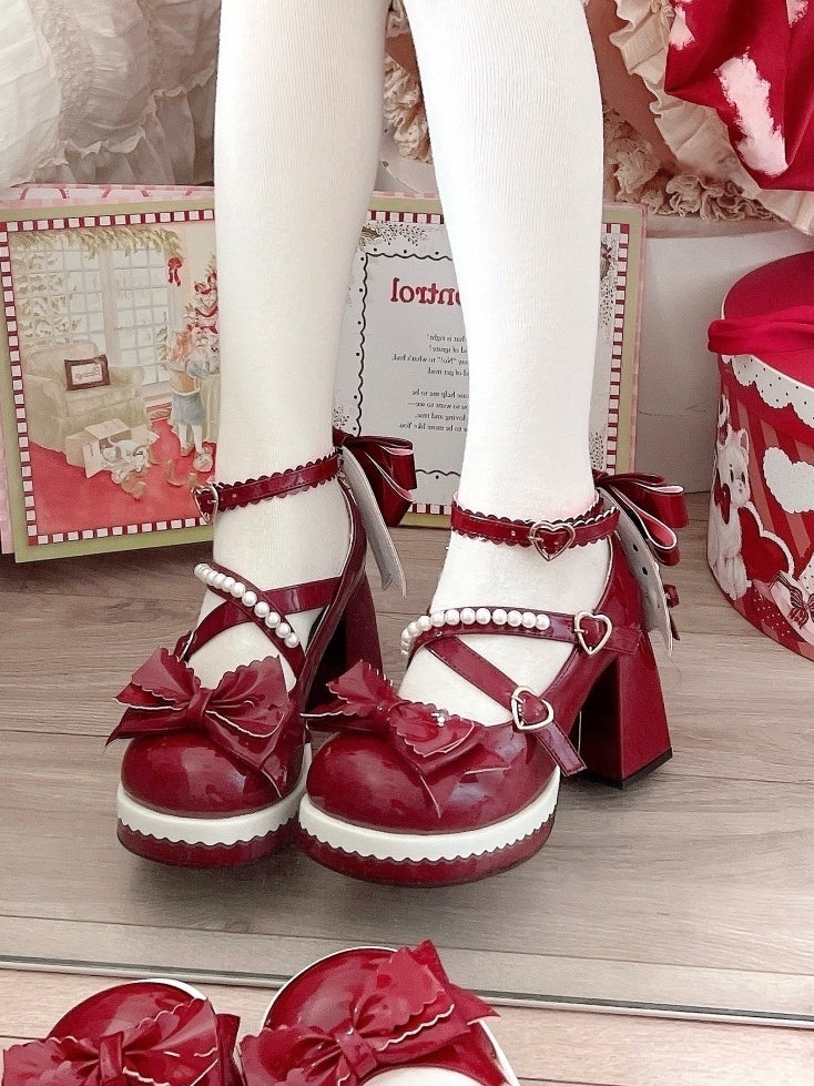 Heart Sweet Red PU Lolita Buckles Strap Bow Bead-Embellished Janes Leather with Mary Accents in Wine