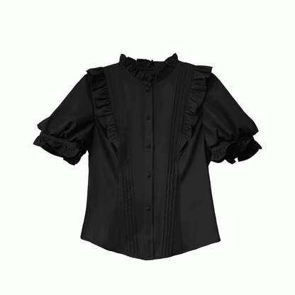 Schwarze Bluse mit Rüschenausschnitt, Puffärmeln und Faltendetails