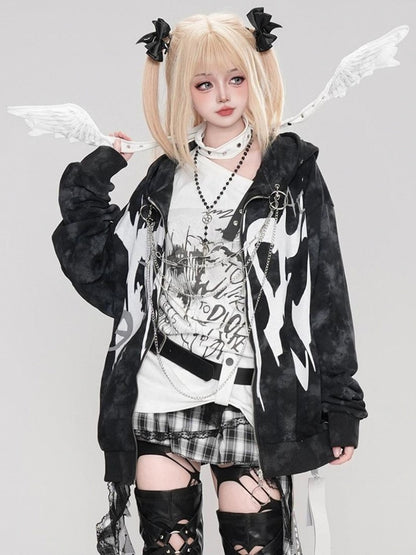 Punk Black Letters Print Chain Zip Hoodie