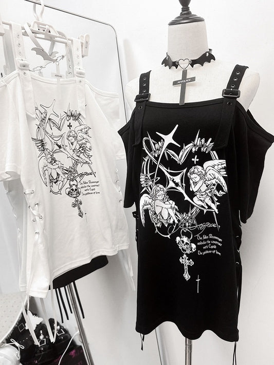 Black/White with T-shirt Gothic Off-Shoulder Choker Y2K Free Angel Heavenly