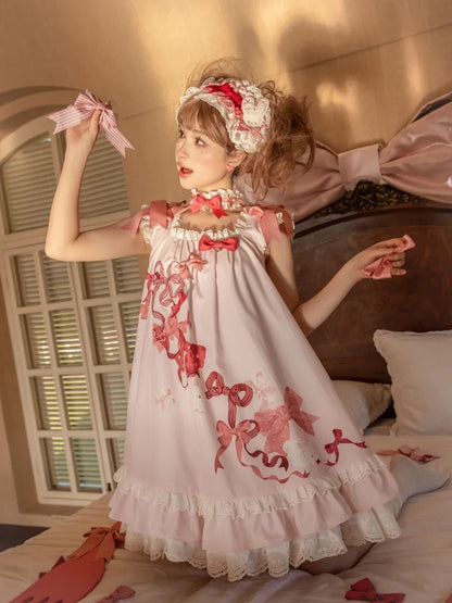 Eyelet Scalloped Sweet Pink Trimming Print Bow Dress and Lolita Bunny