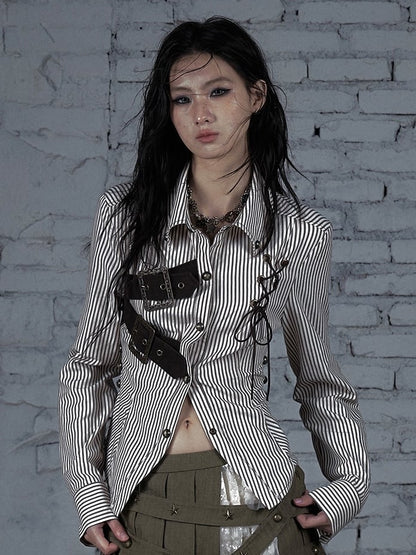 BrownWhite Buckle Lace-Up Pattern Striped Design Wasteland Decorated Shirt Punk