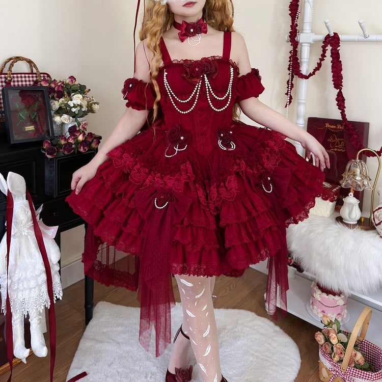 Waist Flower Basque Hem Fairy Skirt Dress Jumper Tiered Red Lolita Hanayome