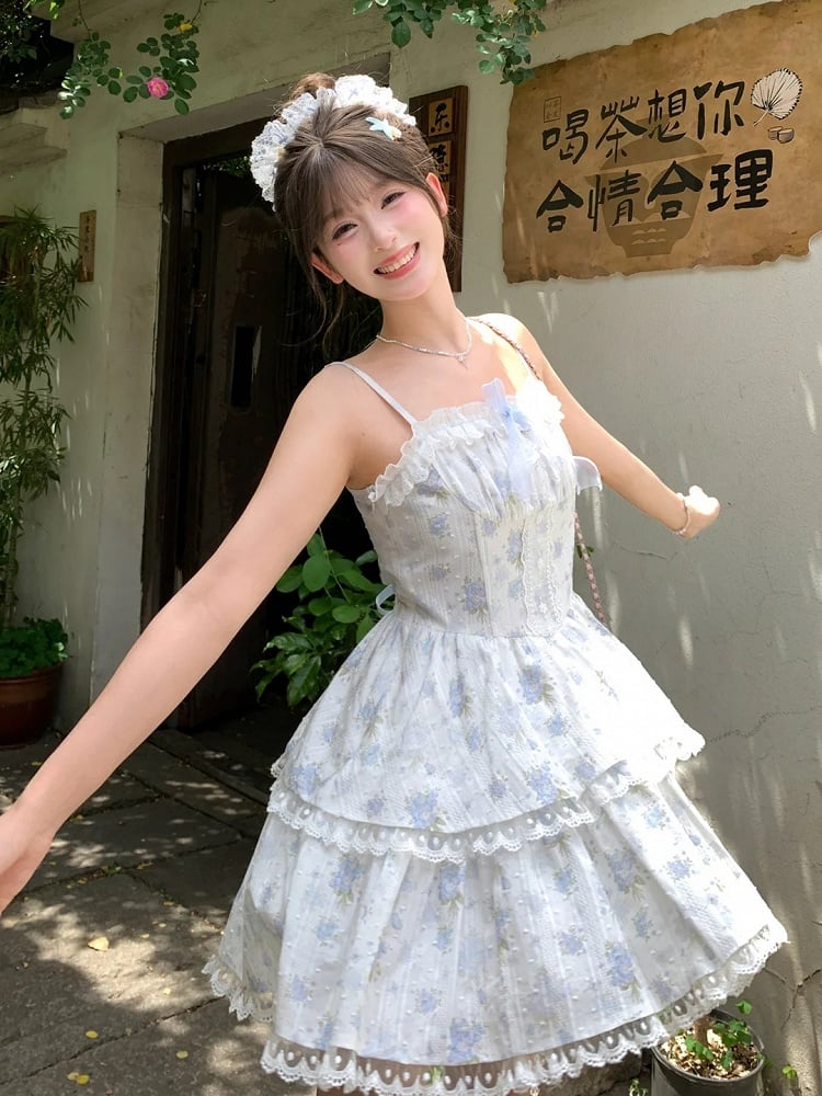 Skirt Short Floral Back Cami Dress Lace-up Version Light Blue Lace Trim Tiered with