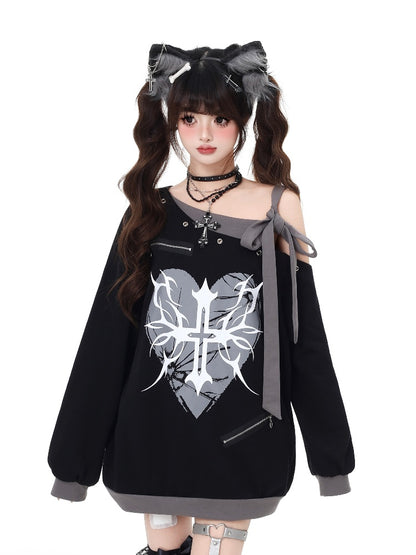 Black Asymmetrical Neckline Self-tie Strap Heart and Cross Print Sweatshirt