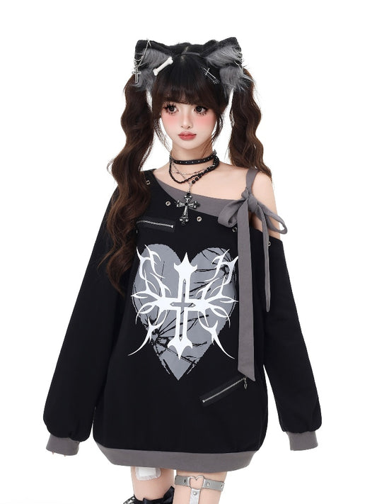 Black Asymmetrical Neckline Self-tie Strap Heart and Cross Print Sweatshirt