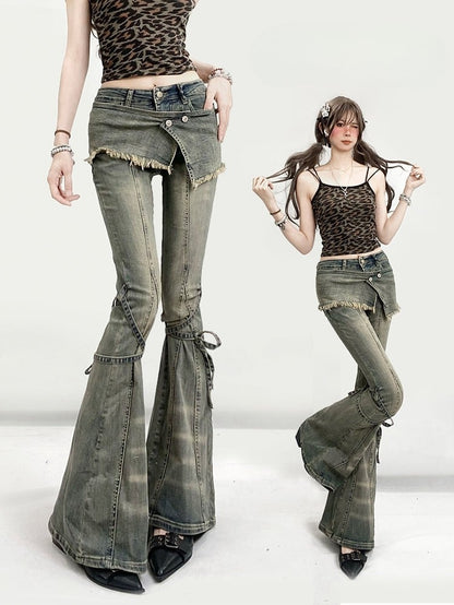 Design Jeans Silhouette Lace-up Faded Glamorous Wash Bittersweet Detail Kawaii Green Flare
