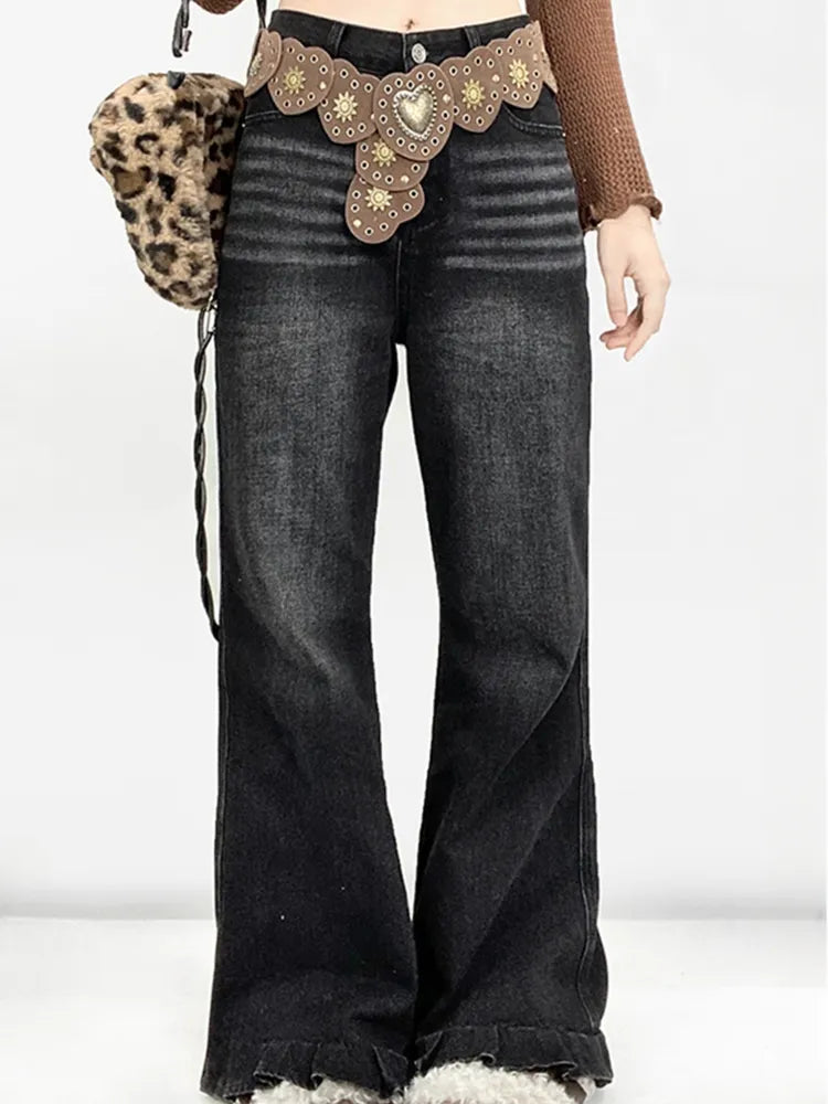 Cuffs Ruffled Cut Wide-leg Black Jeans