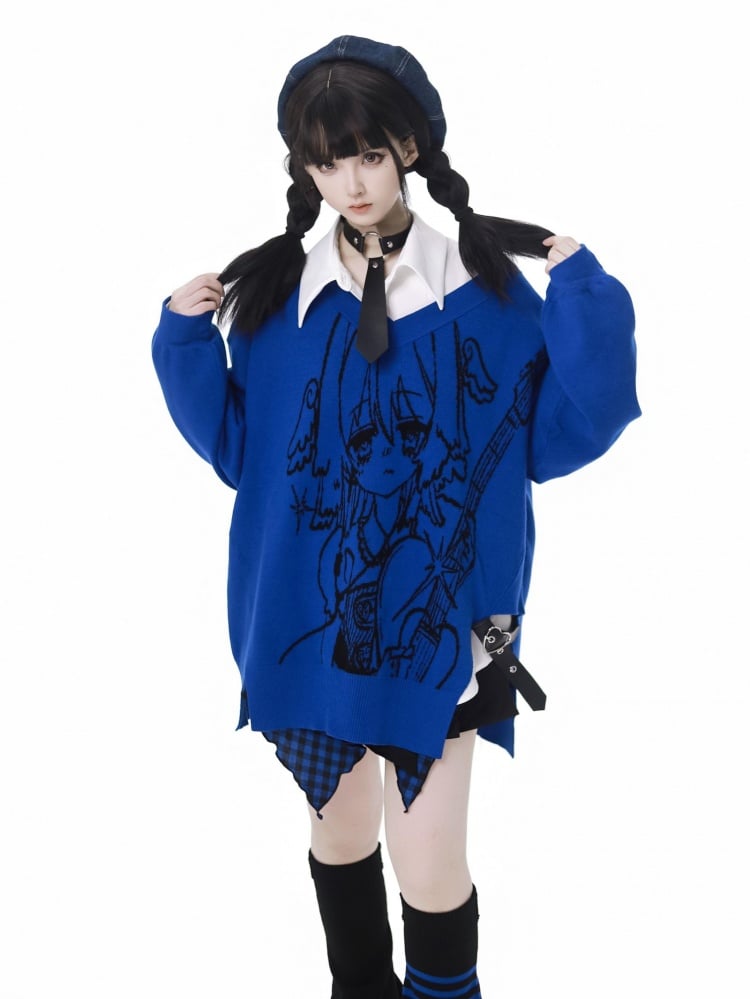 Punk Rock Girl Pattern Blue V-neck Sweater with Heart PU Buckle