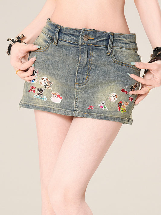 Denim Skirt Bodycon Mini Adorable Puppy Print Blue