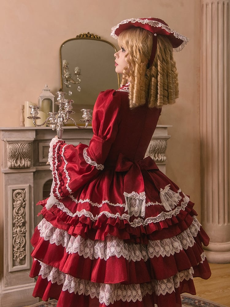 Red Gorgeous Tiered Ruffle Skirt Puff Sleeves and Bell Sleeves Lolita Dress