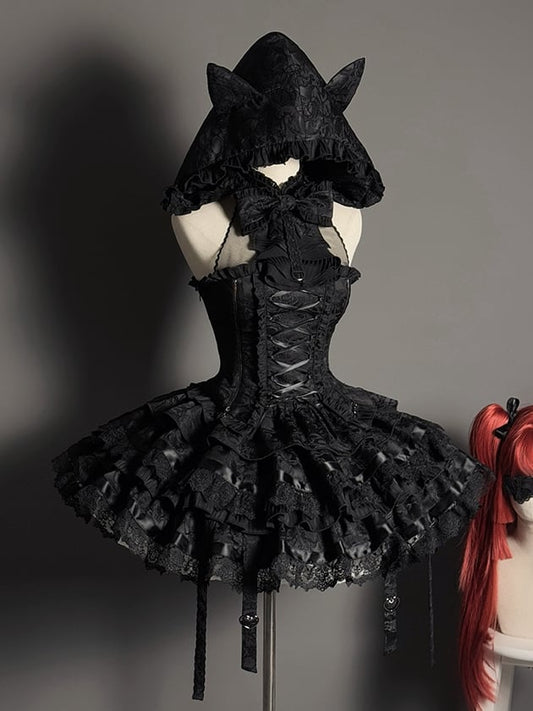 Skirt Set Sleeveless Kuro Lolita Gothic Tiered Full Halter Neck Top Black +