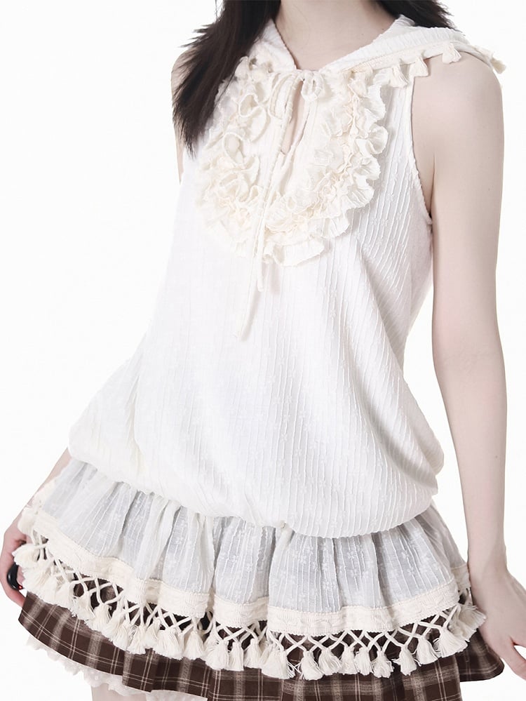 Neckline Hooded Sleeveless Top Keyhole Tassel Hem Tiered Ruffles Self-tie Beige Bohemian