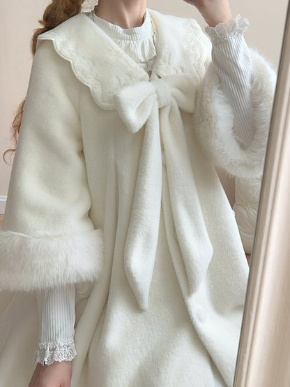 White Detachable Cozy Faux Fur Collar Winter Woolen Coat