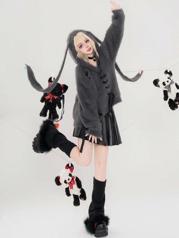 Dark Grey Lace-up Detail Bunny Ears Fluffy Hooded Cardigan