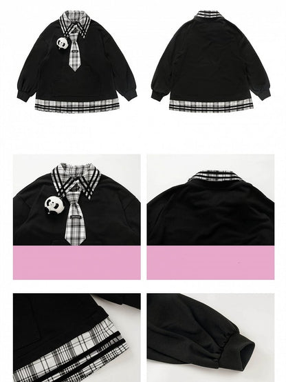 Panda Toy Sweatshirt Black Splicing Plush Plaid with