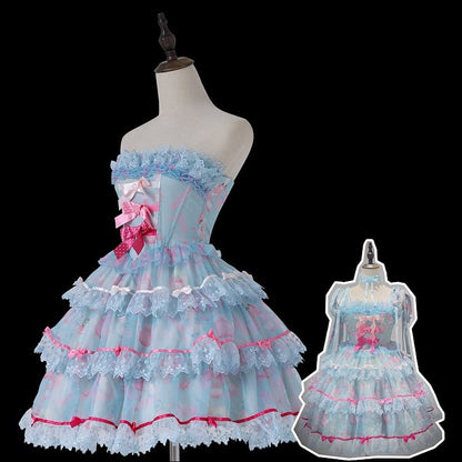 Robe bleue à armatures avec jupe à volants décorée de nœuds en satin et de lapin mignon