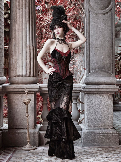 Goth Spiderweb Lace Wine Red Vampire Boned Corset