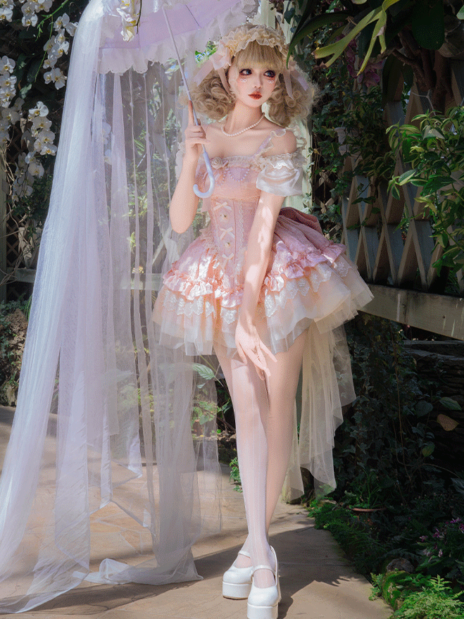 with JSK Big Bow Fabric Hime Lolita Balletcore Pink Boned Basque Waist Jacquard Train Puffy Dress
