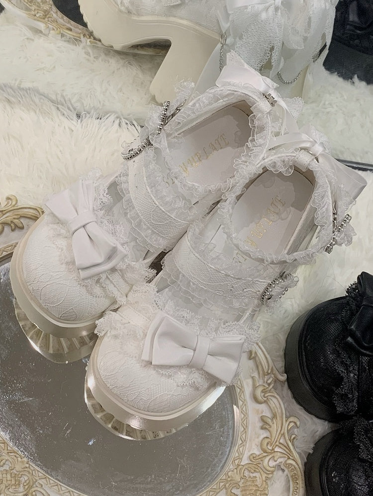 Shoes Platform Jirai - Trim Mary Lace Heels Block High Kei White Jane with