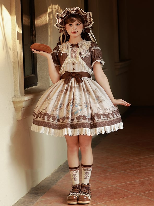 Teddy and Sweet Brown Lolita Print Ruffle Round Dress Neck Kitty OP