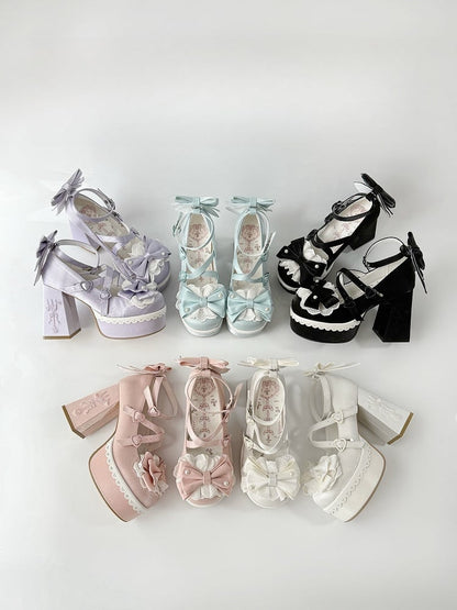 Purple Lolita Lace Bowknot Buckle Straps Fork Platform Block High Heels