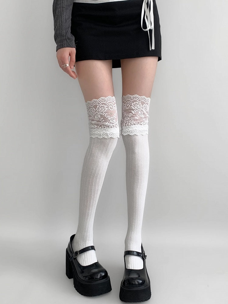Lace Gray/Beige/Light Gray White/Black/Dark Knitted Over-knee Trim Stockings